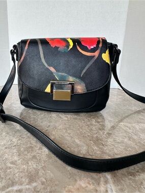 David Jones Paris Floral Crossbody Bag Black Red Yellow Flap Saddle Bag